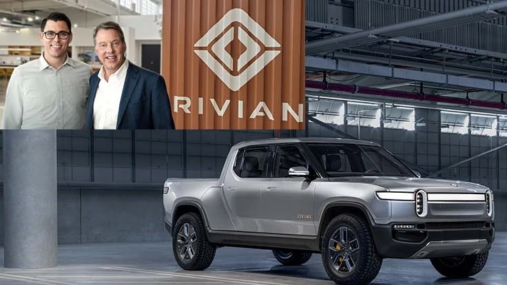 Inset: Rivian Founder and CEO RJ Scaringe (left) and Ford Chairman Bill Ford. Rivian's R1T electric pickup is set for a late 2020 release.