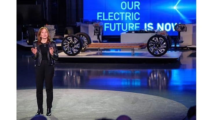 GM Chairman and CEO Mary Barra discusses the company's battery investments at an event near Detroit.