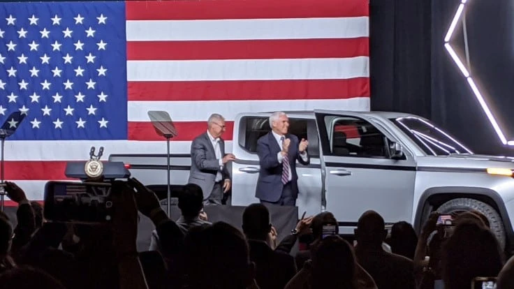 Vice President Mike Pence (right) and Lordstown Motors CEO Steve Burns exit an Endurance pickup at the vehicle's launch event in June.