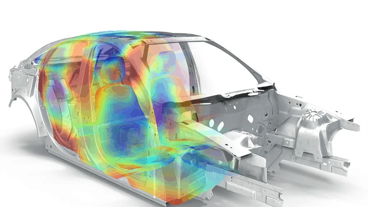 Simulation shows the noise experienced within a vehicle, with red denoting areas of high pressure where acoustic insulation could be most effective.  