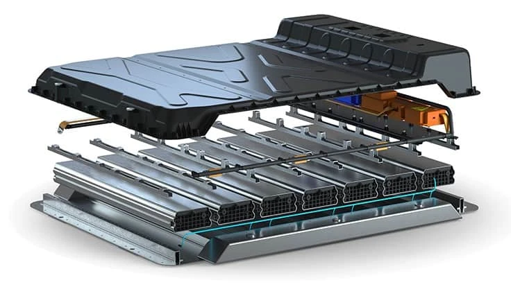 The battery concept of the consortium is made up of a flat aluminum bottom plate with cross-members for attaching the battery module, a carrier plate for the battery management system and a three-dimensional housing cover of glass fiber-reinforced epoxy SMC.