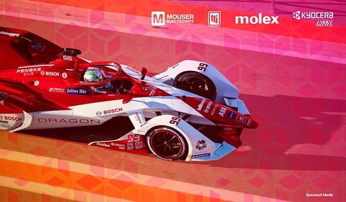 Mouser is partnering with the DRAGON / PENSKE AUTOSPORT team throughout the 2021–22 Formula E World Championship, in collaboration with TTI, Inc., Molex and KYOCERA AVX. 