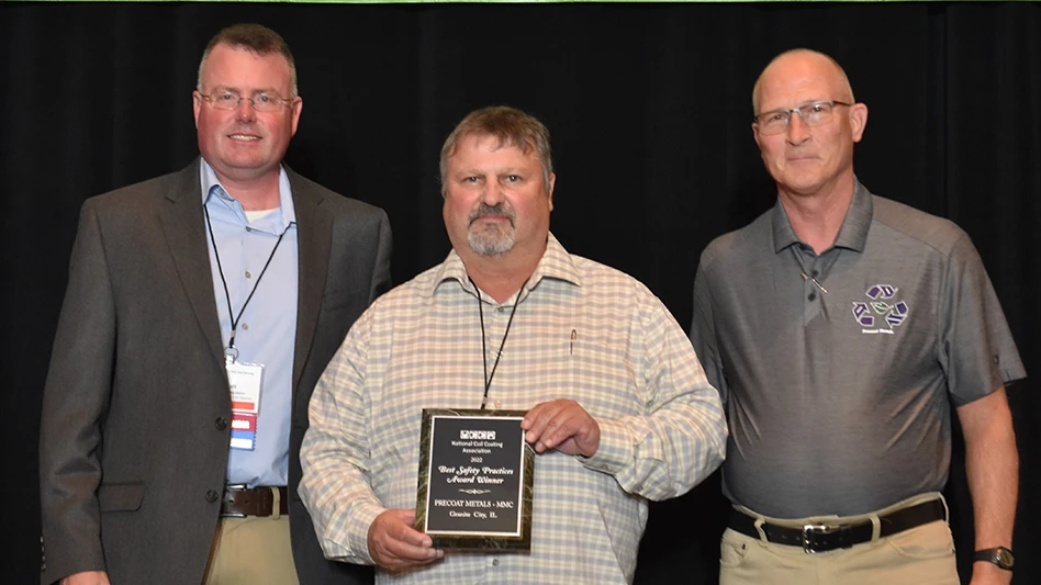 Matt Montgomery (left) presents the 2022 NCCA Safety Award to Mike Dake and Kevin Zumbaum of Precoat Metals (left to right).