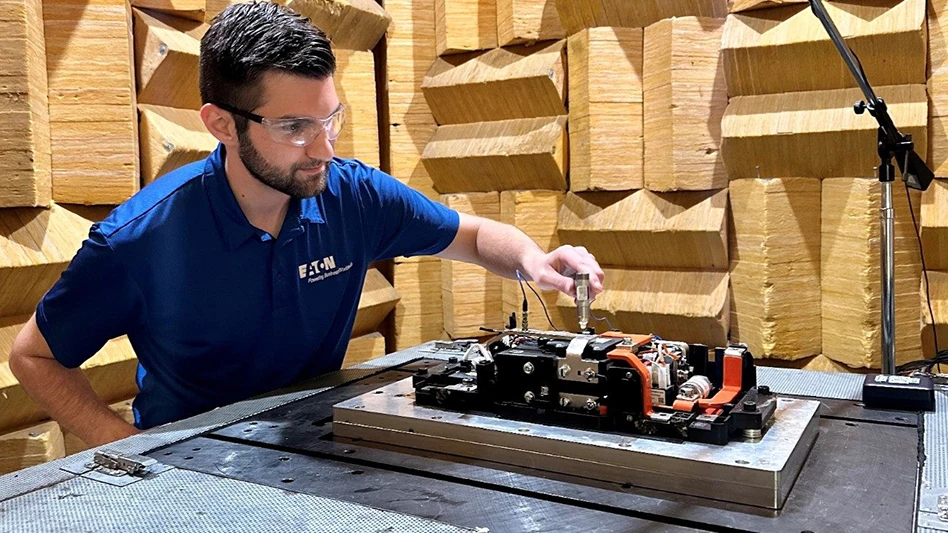 Matt Pieczko, engineering manager, Noise, Vibration and Harshness, Eaton’s eMobility, conducts testing on a battery disconnect unit.