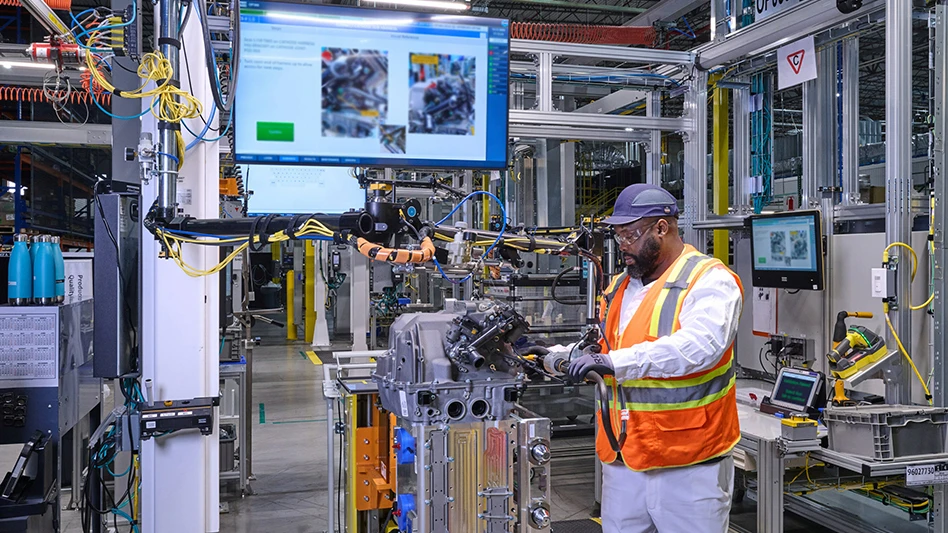 An employee assembles a fuel cell system in the module final assembly at Fuel Cell System Manufacturing LLC, GM and Honda’s fuel cell joint venture in Brownstown, Michigan.