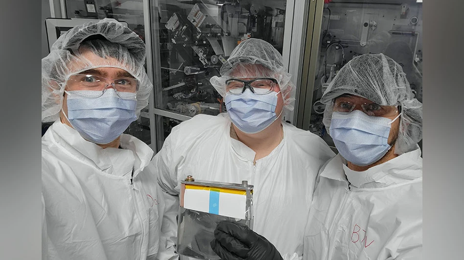 From left to right, Donal Finegan, Bertan Özdoğru, and Bertrand Tremolet de Villers celebrate the successful demonstration of BatMan’s novel laser-patterning process, which alters the microstructure of battery electrode materials to improve battery performance.