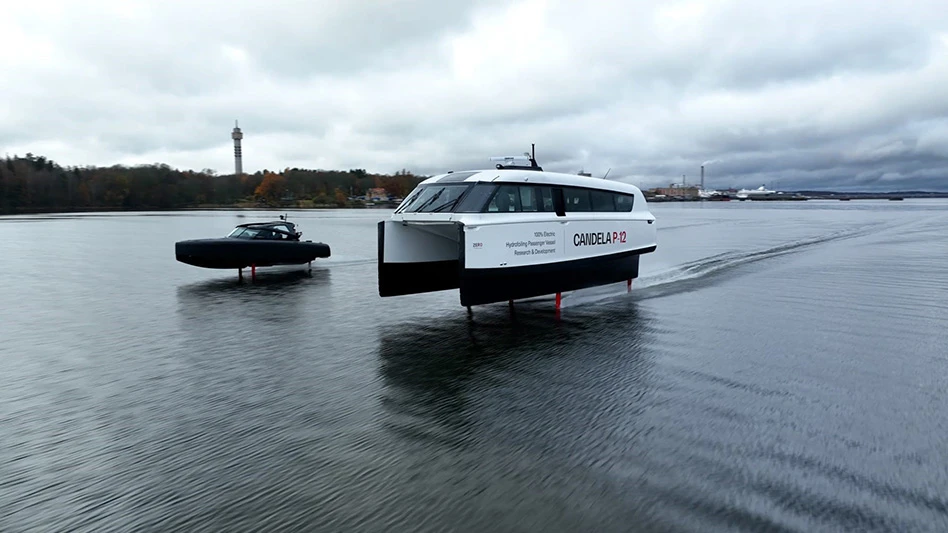 Candela's revolutionary electric C-8 leisure boat and P-12 ferry flying side by side in Stockholm.