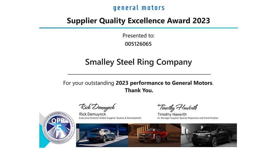 Smalley has been awarded GM's 2023 Supplier Quality Excellence Award.