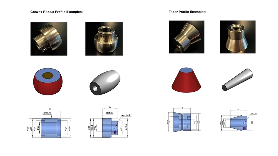 Examples of the new Convex Radius and Taper profiles offered by meviy.