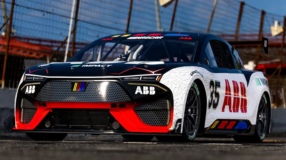 NASCAR and ABB's new EV prototype sits on the track at Hickory Motor Speedway.