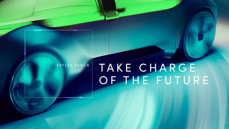 A partial vehicle with the words Saflex Evoca: Take Charge of the Future