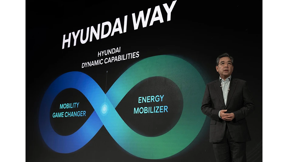 A man stands in front of a screen showing a diagram and the heading Hyundai Way.