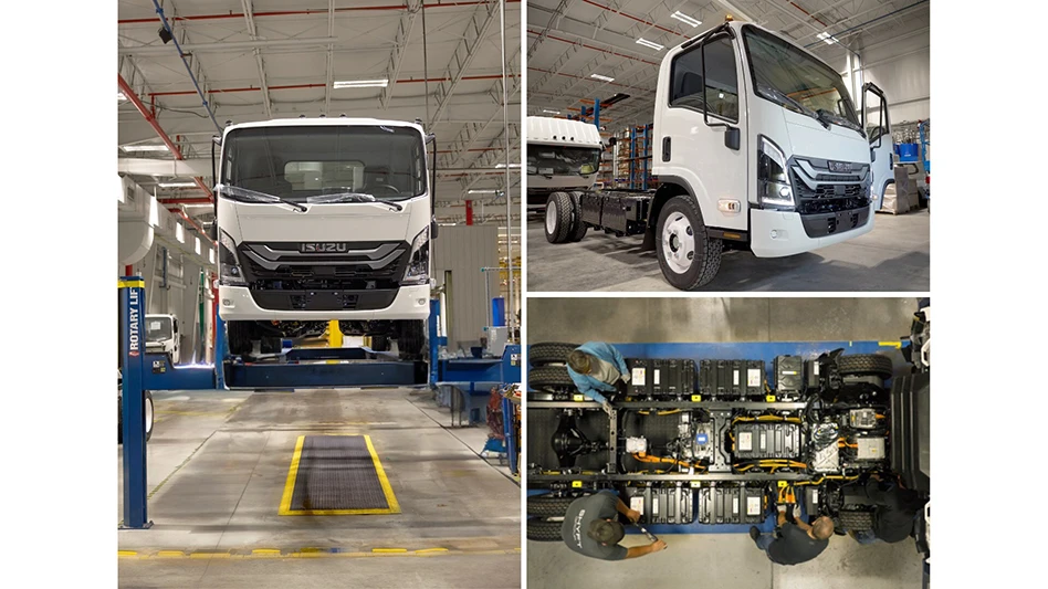 Three images of a truck being assembled at a manufacturing plant