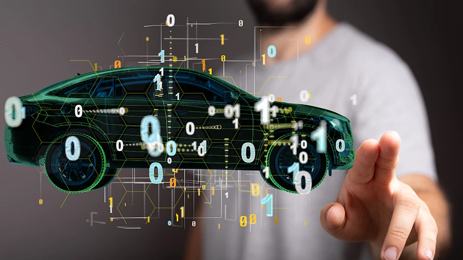 A rendering of a car with zeroes and ones superimposed over it and a person reaching toward it in the background