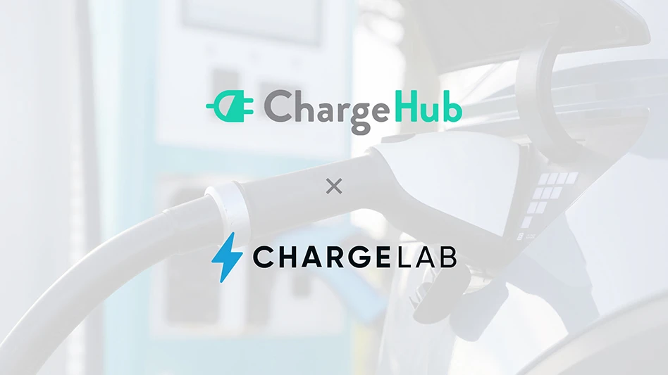 The words ChargeHub x ChargeLab over a background of an electric vehicle charger