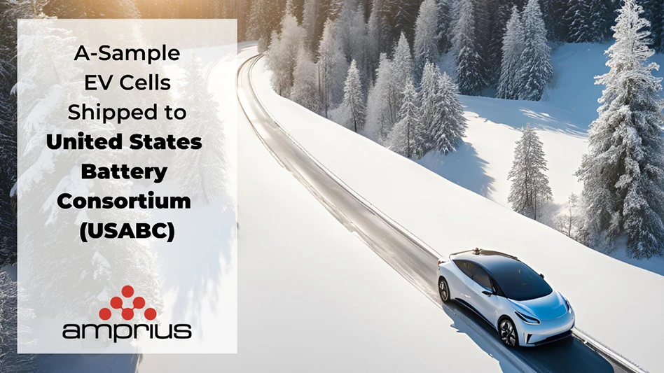 The words A-Sample EV Cells Shipped to United States Battery Consortium (USANC) and the Amprius logo superimposed over an image of a car driving down a snowy road