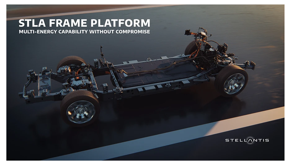 A rendering of a vehicle frame and the words STLA Frame Platform