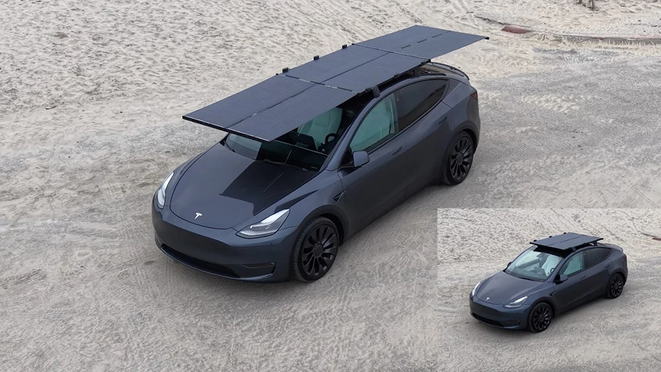 A car with a solar roof rack