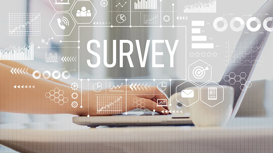 Hands typing on a laptop with the word Survey above