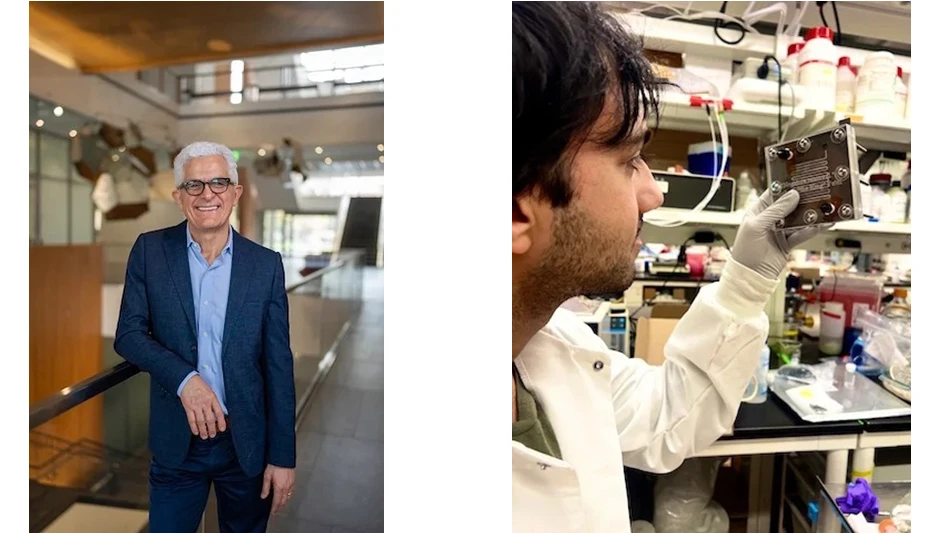 Two pictures of people in a lab