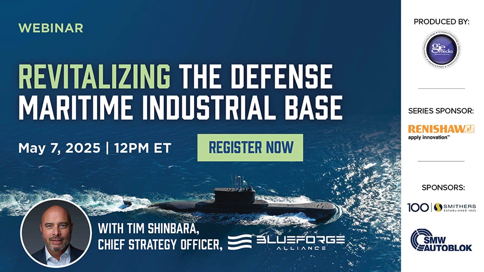 Ship on an ocean with text reading Revitalizing the Defense Maritime Industrial Base