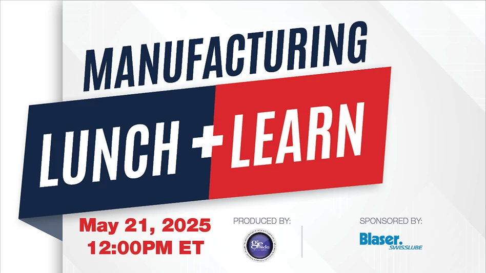 Text reading Manufacturing Lunch + Learn on red and blue background