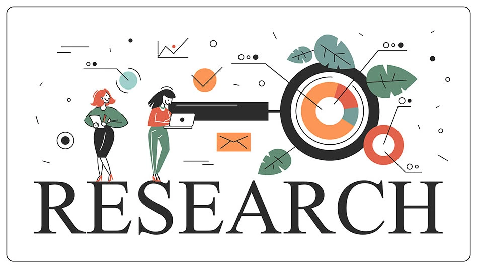 The word research with several icons above it
