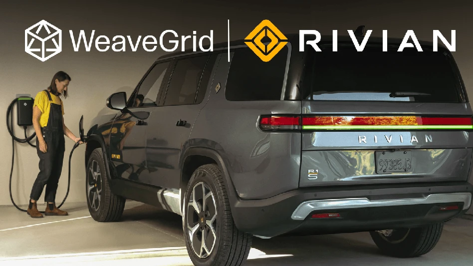 WeaveGrid and Rivian logos above a person charging an electric vehicle