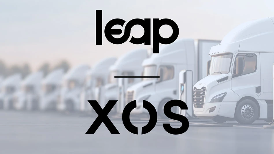 Logos for Leap and Xos superimposed over a row of trucks