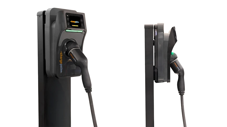 Front and side views of an electric vehicle charger