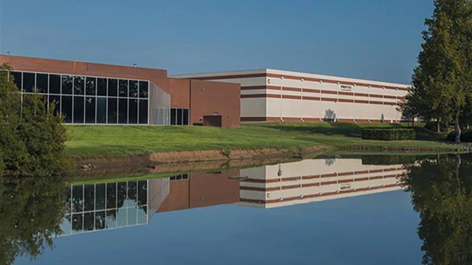 A factory building near a lake