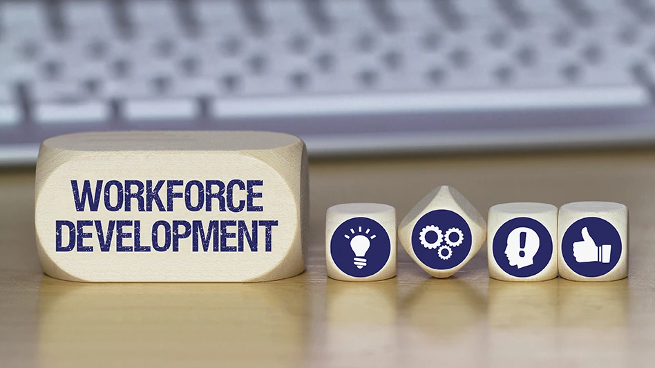 A wooden block with text reading workforce development