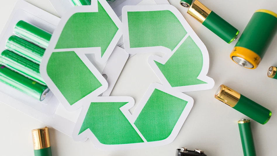 Recycling symbol with batteries around it