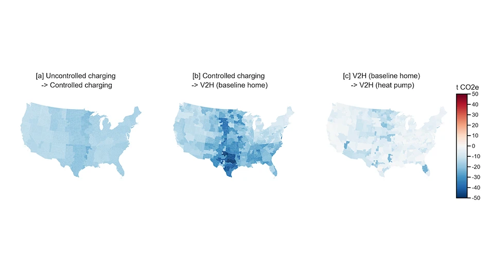 Three U.S. maps showing different electric vehicle charging scenarios