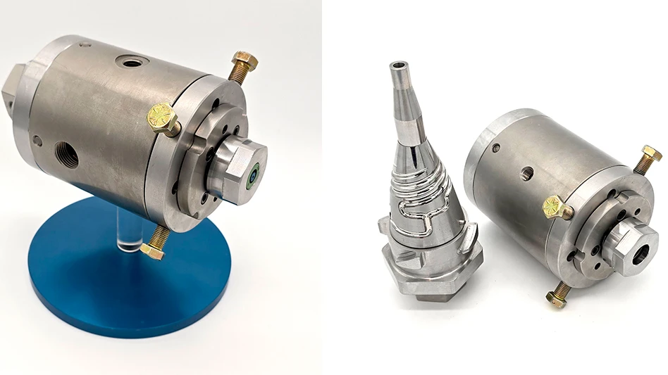 Two images of a tool head, assembled and disassembled