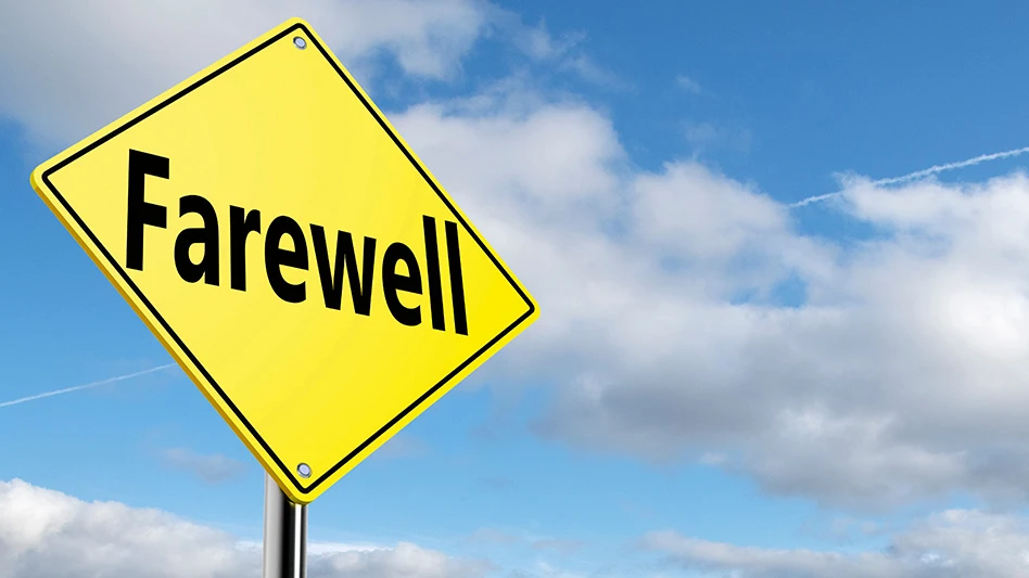 A yellow road sign reading farewell